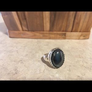 Silver tone ring with dark agate stone